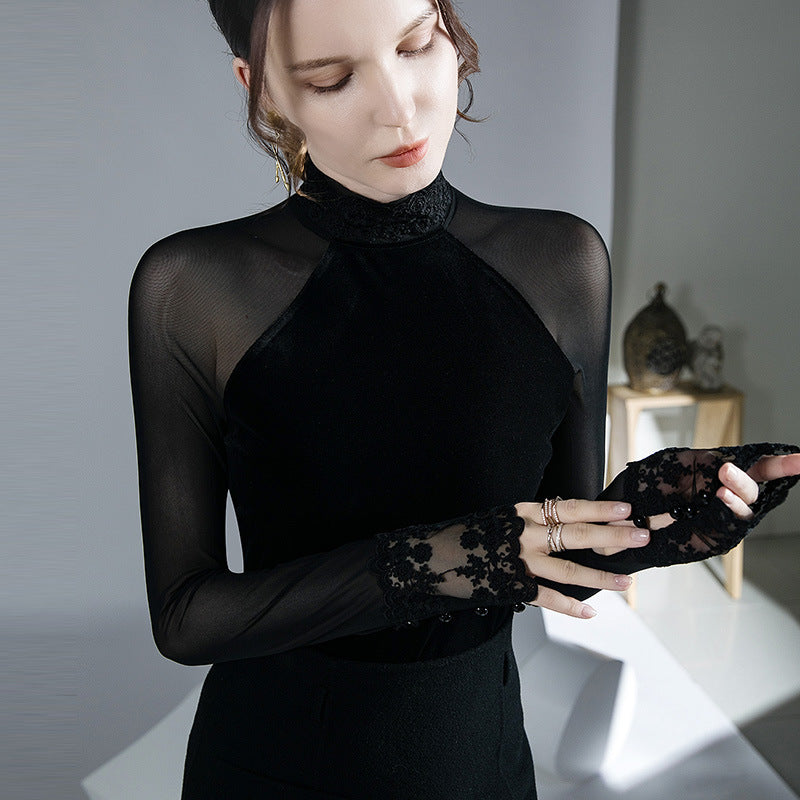 velvet long-sleeve undershirt
velvet innerwear shirt
velvet inner layer top
velvet heat layer top
velvet bottoming top
stitching black velvet shirt
black velvet undershirt
black velvet layering shirt
black velvet inner shirt
black velvet base layer shirt