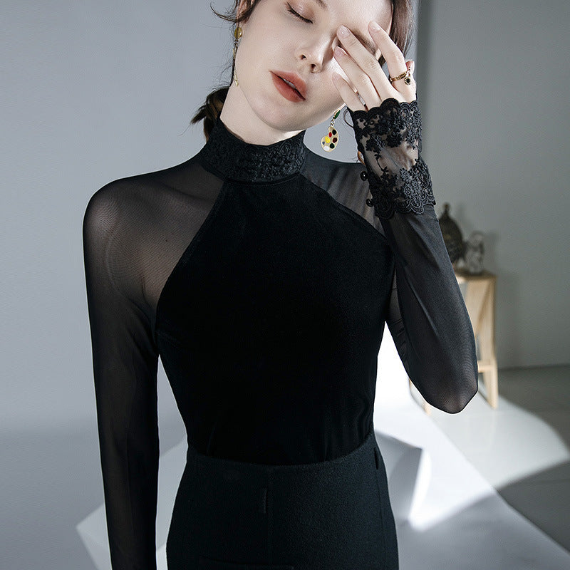 velvet long-sleeve undershirt
velvet innerwear shirt
velvet inner layer top
velvet heat layer top
velvet bottoming top
stitching black velvet shirt
black velvet undershirt
black velvet layering shirt
black velvet inner shirt
black velvet base layer shirt