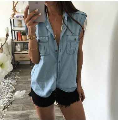 Summer Women Vintage Buttons Pockets Blouses Sexy Sleeveless Jeans Denim Blue Shirts