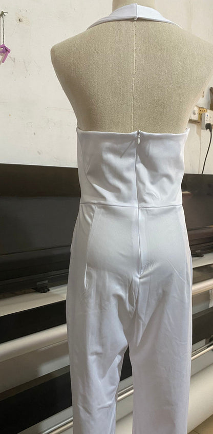 Women's White V-Neck Halter Backless Jumpsuit shown front-on on model — Fifi London Summer collection
