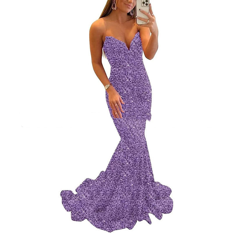 Sequin Evening Dress For Women shown front-on on model — all-over sequin, sweetheart neckline, mermaid fishtail silhouette, floor-length — Fifi London formal collection