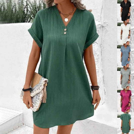Women's V-Neck Short Sleeve Casual Dress shown front-on on model with button detail — green vertical stripe mini dress, Fifi London collection