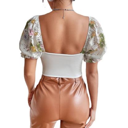 Sexy Street Backless Hot Girl Puff Sleeve T-Shirt shown front-on on model — Fifi London Summer collection