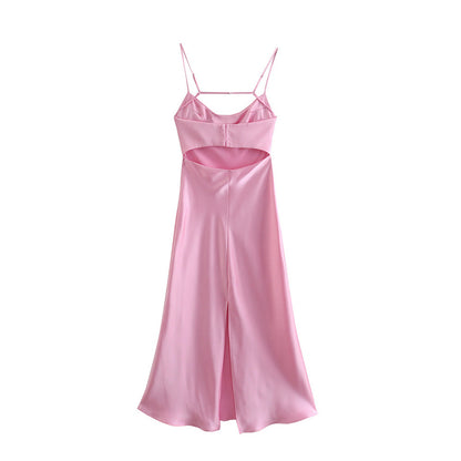 Women’s Satin Midi Slip Dress shown front-on on model — Fifi London Summer collection