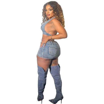 Washed Elastic Denim Casual Sexy Skirt Suit shown front-on on model — Fifi London Summer collection