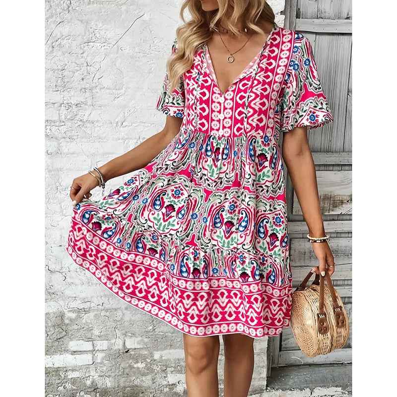 Women Casual Summer Dress Boho Drawstring V Neck Short Sleeve Floral Print Flowy Beach Dress