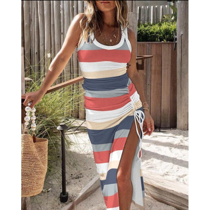 Fashion Waist-Controlled Slimming Sexy Split Vest Dress shown front-on on model — Fifi London Summer collection
