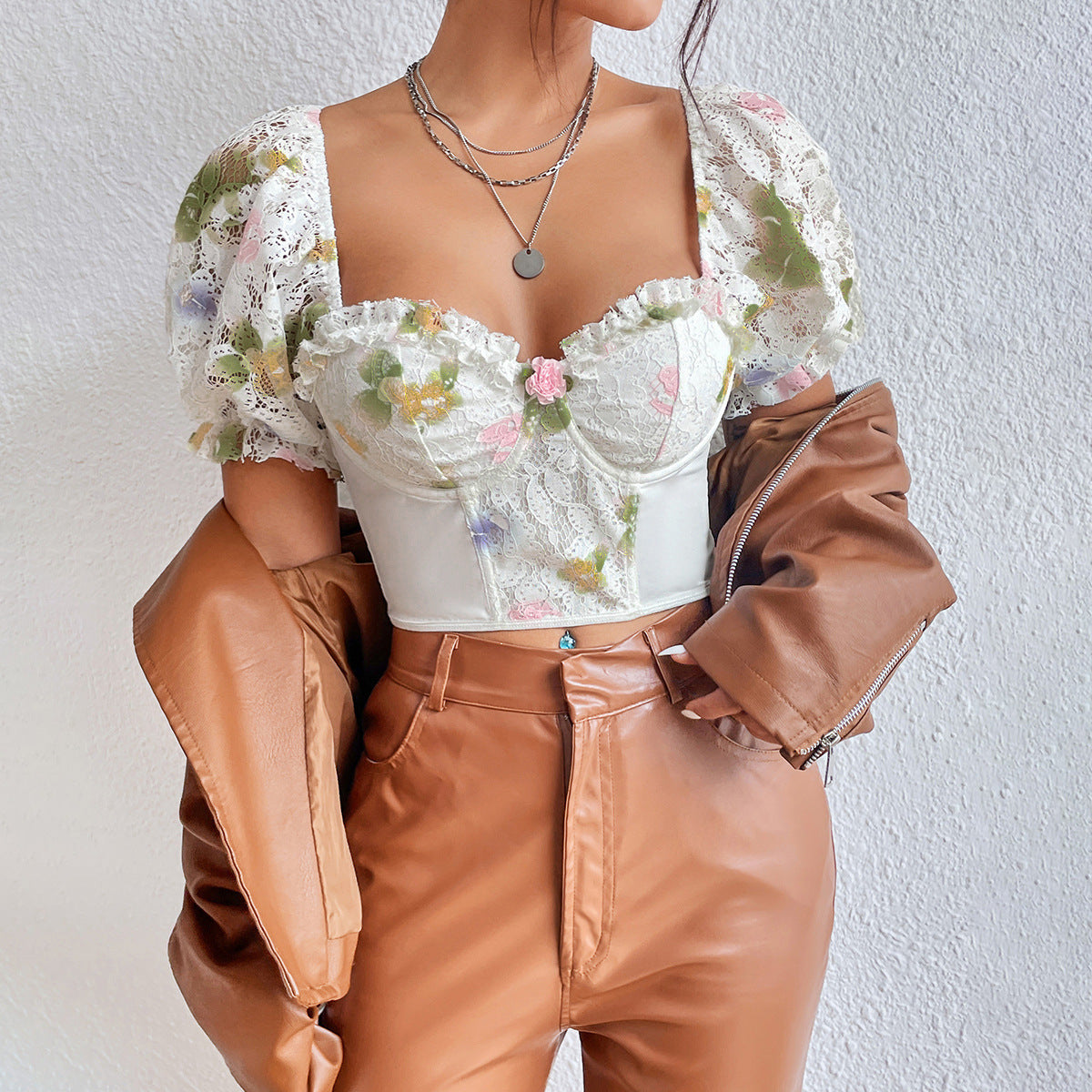 Sexy Street Backless Hot Girl Puff Sleeve T-Shirt shown front-on on model — Fifi London Summer collection
