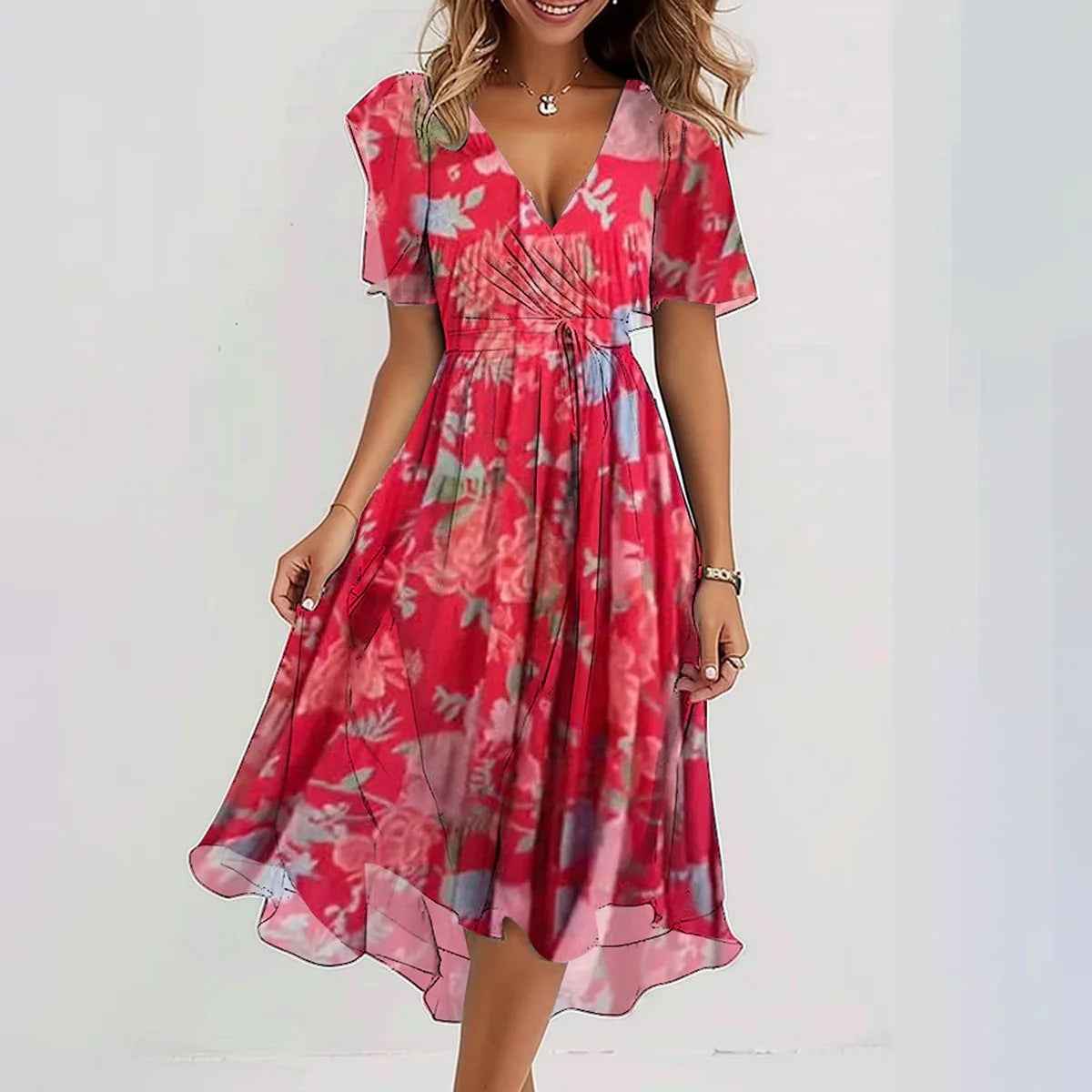 Chiffon printed V-neck dress