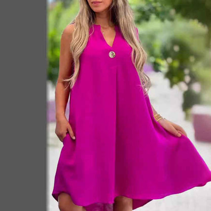 Solid color button detail dress 