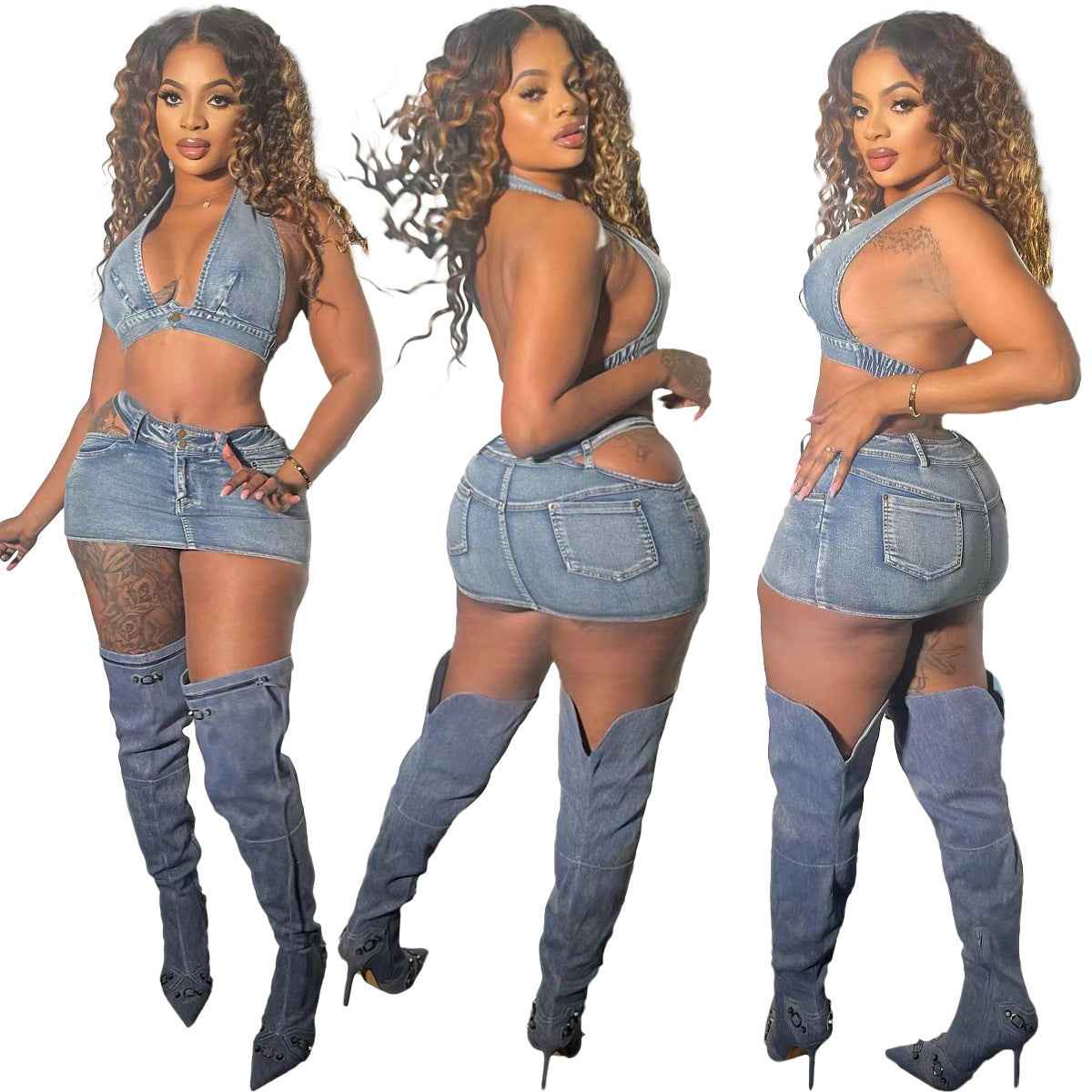 Washed Elastic Denim Casual Sexy Skirt Suit shown front-on on model — Fifi London Summer collection
