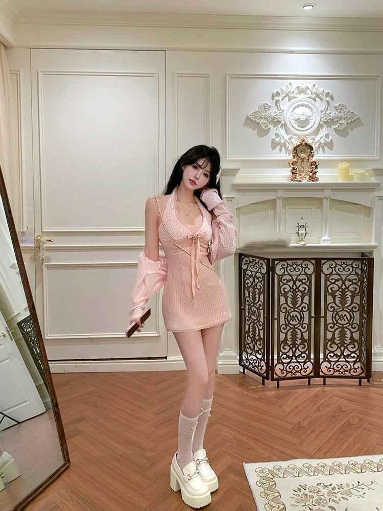 Women’s Slim Fit Slimming Dress Cardigan shown front-on on model — Fifi London Autumn collection