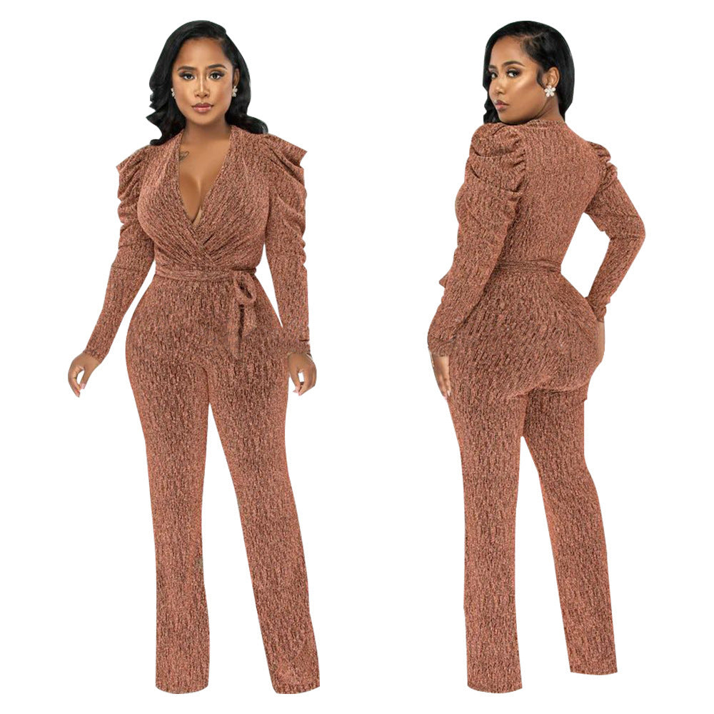 Sexy Waist Trimming V-Neck Puff Sleeve Glossy Knitted Jumpsuit shown front-on on model — Fifi London Autumn collection