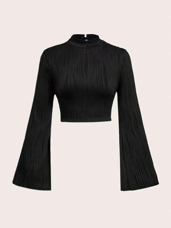Printed Sexy Lace Thick Long-Sleeved T-Shirt Knitted Sweater shown front-on on model — Fifi London Autumn collection