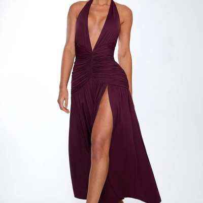 Socialite Style Hot Girl V-Neck Halter Sexy Slit Pleated Dress shown front-on on model — Fifi London Summer collection