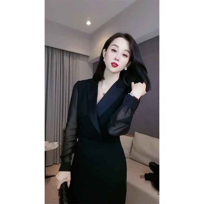 French Style Elegant Lady Hepburn Style Adult Lady-Like Young Black Dress shown front-on on model — Fifi London Autumn collection