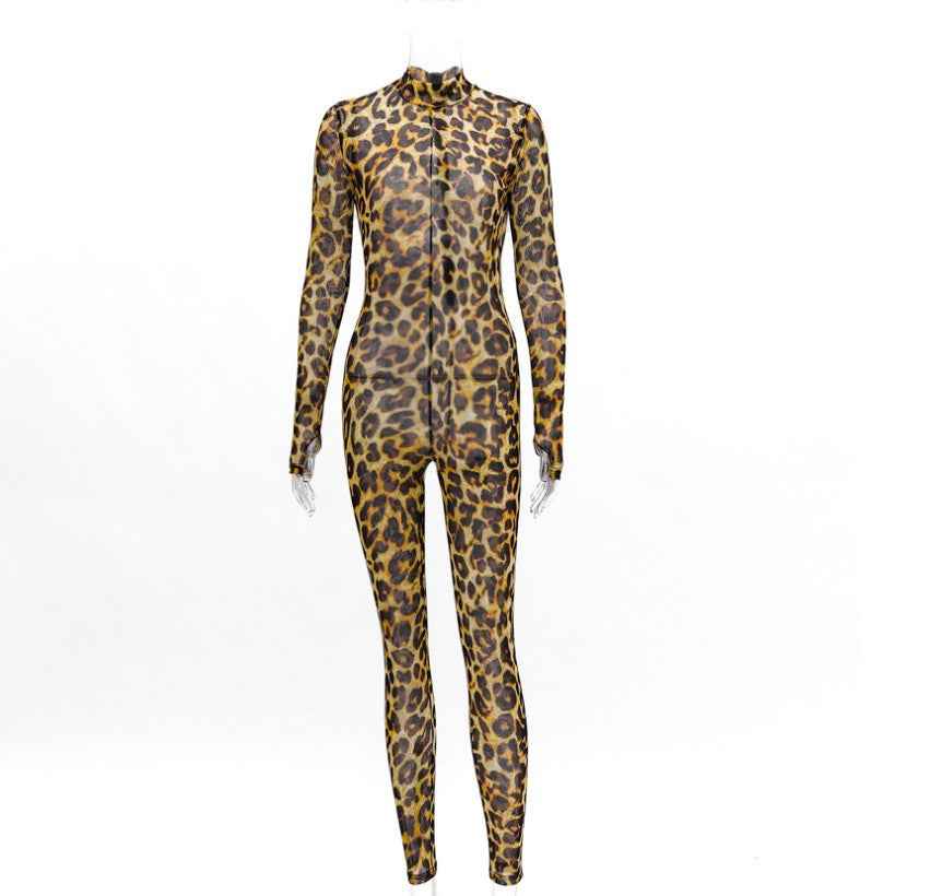 Leopard Print Jumpsuit Slim Fit Sexy Leggings Ladies shown front-on on model — Fifi London Summer collection