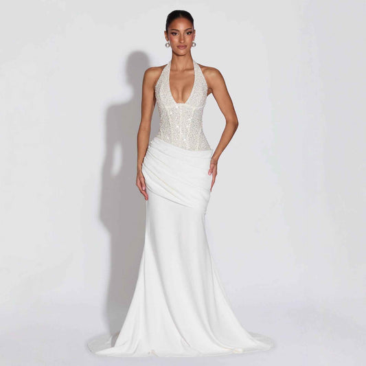 Sexy Hollow Mesh Lace-Up Slim Slit Long Dress shown front-on on model — Fifi London Summer collection