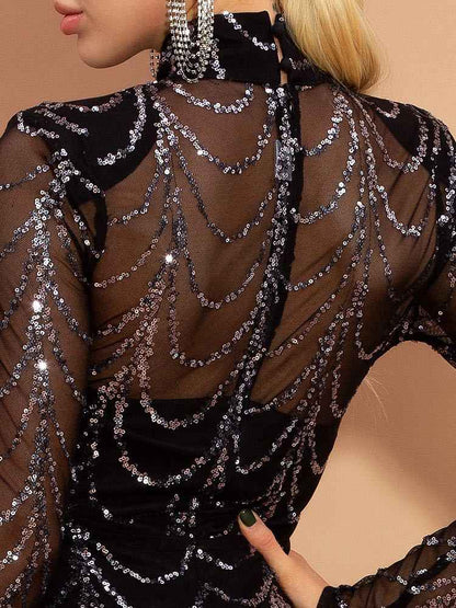 Women’s Long Sleeve Sequin Party Dress shown front-on on model — Fifi London Winter collection