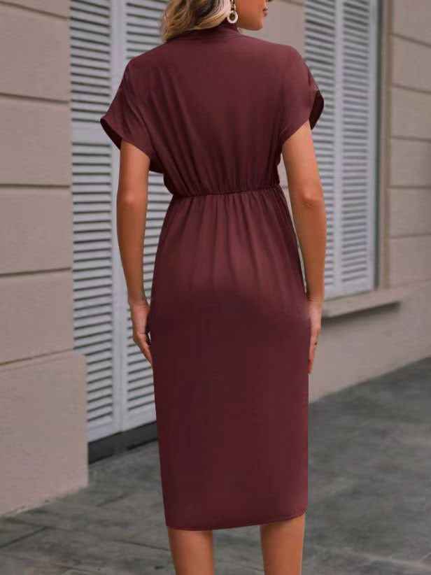 Summer Batwing Sleeve Dress Fashion V-neck Short Sleeve Pleated Dresses Womens Clothing