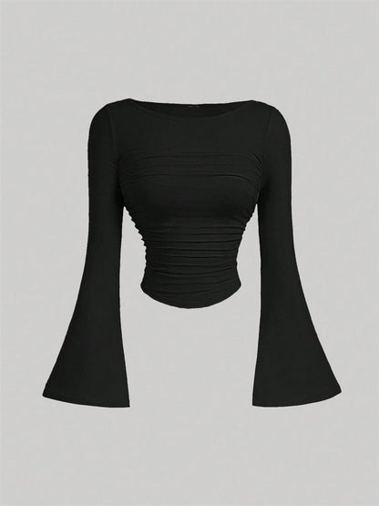 Printed Sexy Lace Thick Long-Sleeved T-Shirt Knitted Sweater shown front-on on model — Fifi London Autumn collection