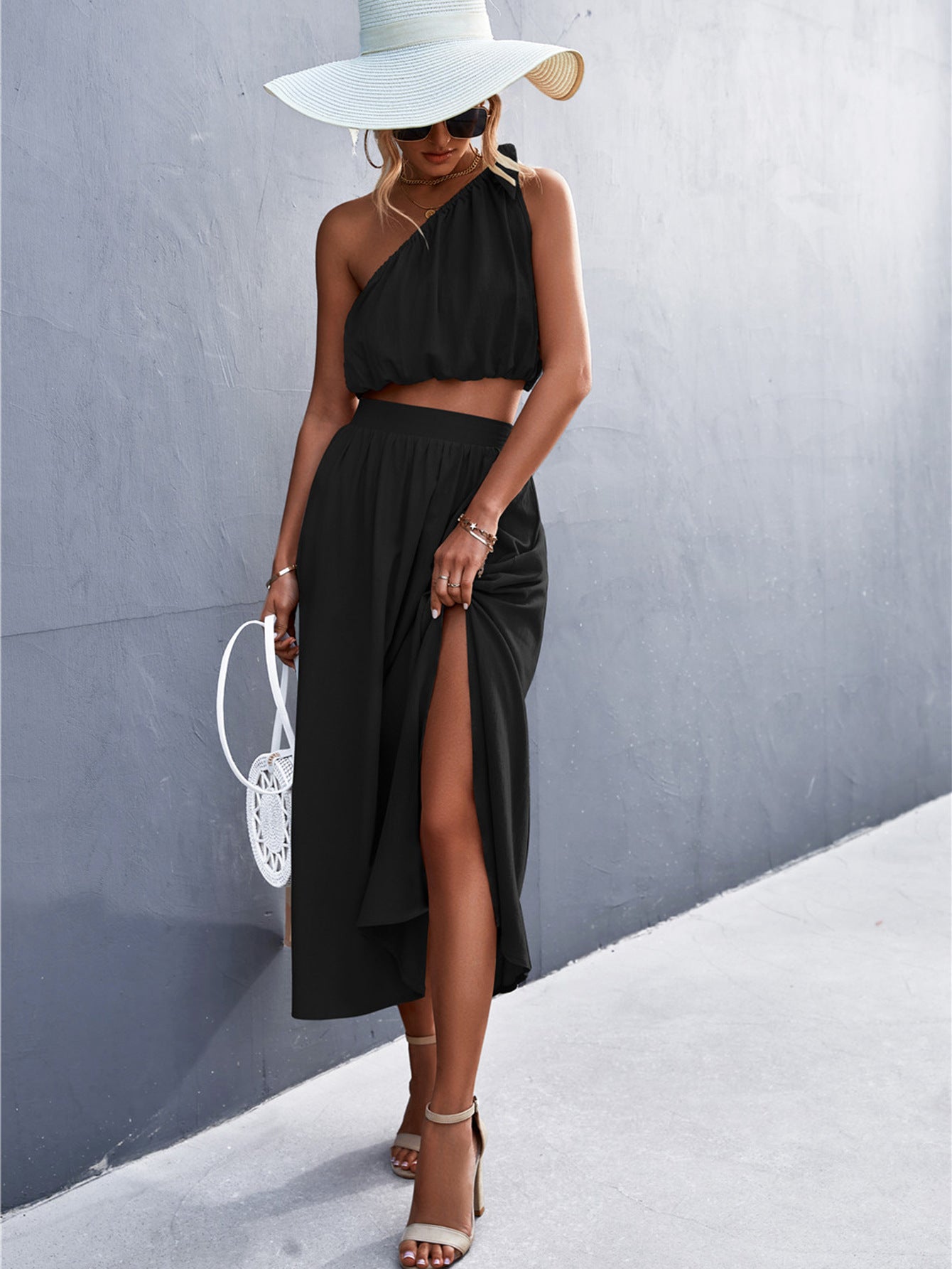 Sexy Oblique Shoulder Lace-Up Vest Slit Midi Skirt Suit shown front-on on model — Fifi London Summer collection