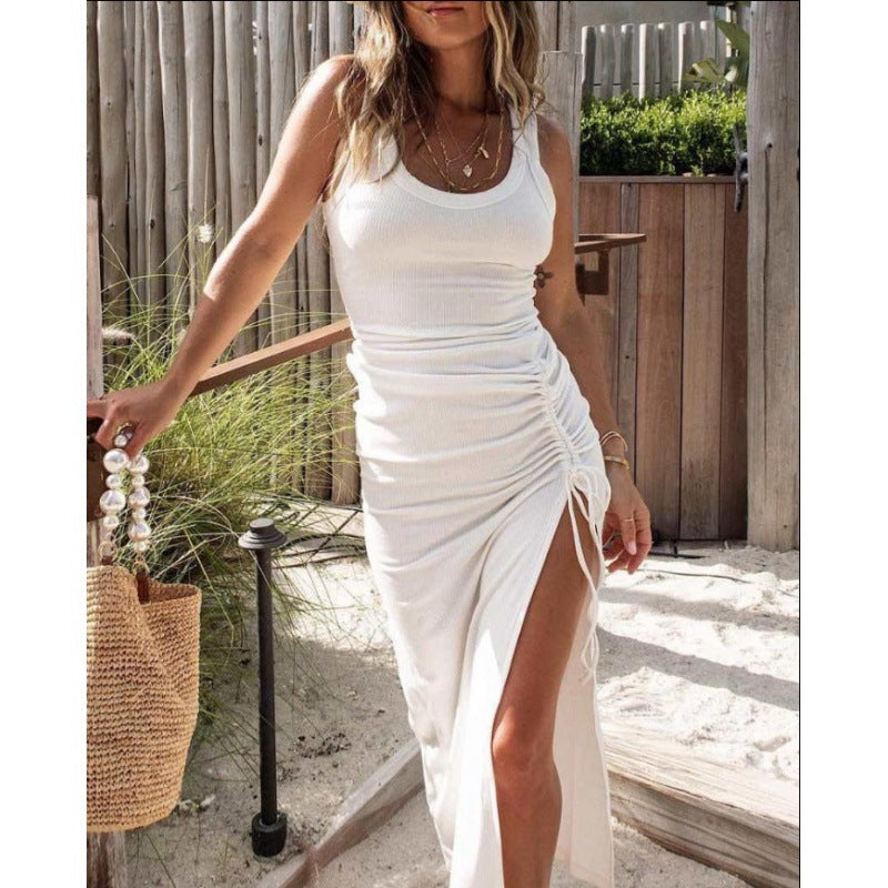 Fashion Waist-Controlled Slimming Sexy Split Vest Dress shown front-on on model — Fifi London Summer collection