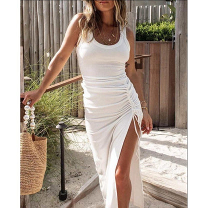 Fashion Waist-Controlled Slimming Sexy Split Vest Dress shown front-on on model — Fifi London Summer collection