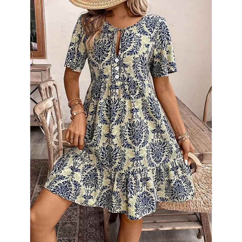 Women Casual Summer Dress Boho Drawstring V Neck Short Sleeve Floral Print Flowy Beach Dress
