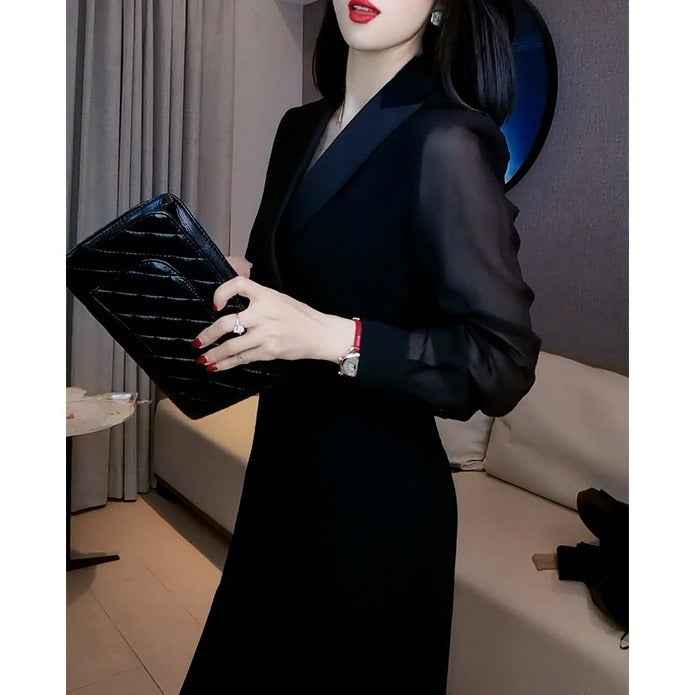 French Style Elegant Lady Hepburn Style Adult Lady-Like Young Black Dress shown front-on on model — Fifi London Autumn collection