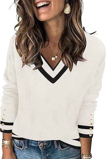 Women’s Casual Knitted V-Neck Sweater shown front-on on model — Fifi London Autumn collection