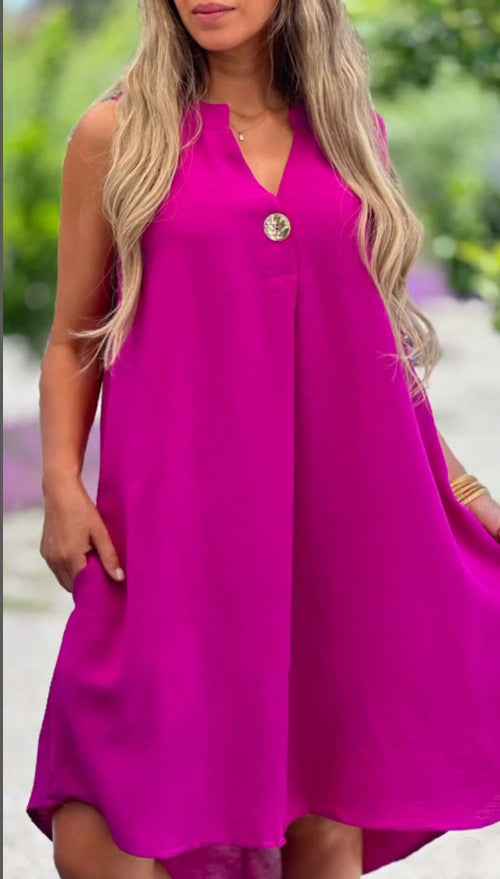Solid color button detail dress 