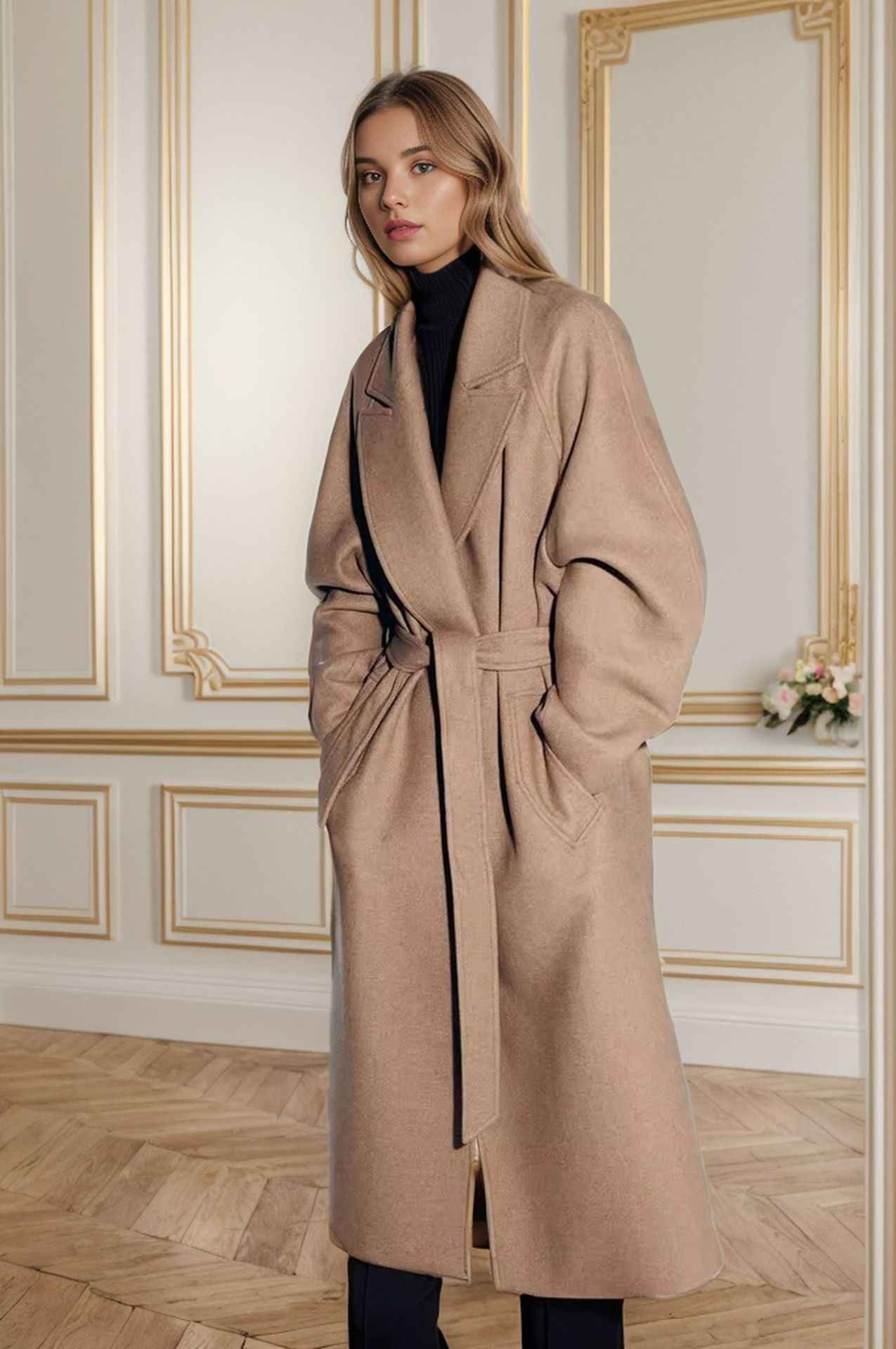 Padded Lapel Super Long Slim Jacket shown front-on on model — Fifi London Autumn collection