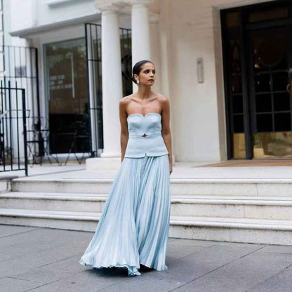 Sweet Girlish Tube Top Suspender Skirt Hollow Design Sexy Pleated Skirt shown front-on on model — Fifi London Summer collection