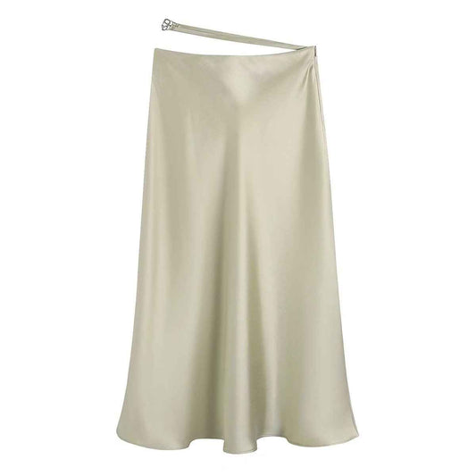 Women's High Waisted Satin Midi Skirt shown flat lay — green colour, A-line silhouette, satin finish, invisible side zip — Fifi London Spring collection
