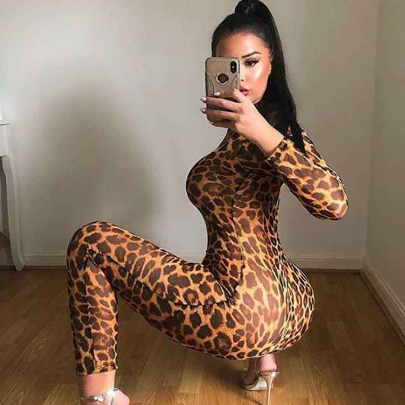 Leopard Print Jumpsuit Slim Fit Sexy Leggings Ladies shown front-on on model — Fifi London Summer collection