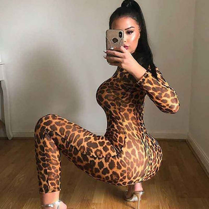 Leopard Print Jumpsuit Slim Fit Sexy Leggings Ladies shown front-on on model — Fifi London Summer collection