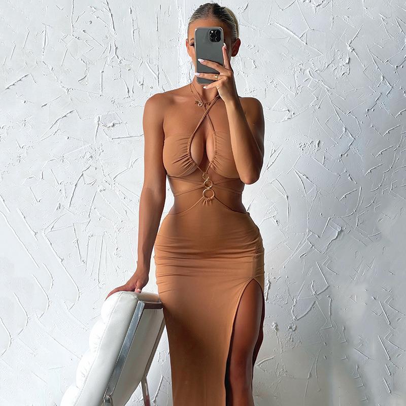 Women’s Party Dress Sexy Cutout Lace-Up High Slit Long Dress shown front-on on model — Fifi London Summer collection