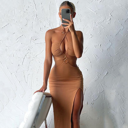 Women’s Party Dress Sexy Cutout Lace-Up High Slit Long Dress shown front-on on model — Fifi London Summer collection