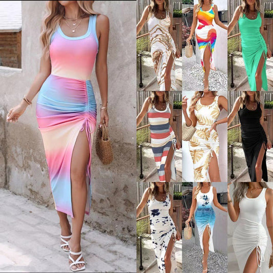 Fashion Waist-Controlled Slimming Sexy Split Vest Dress shown front-on on model — Fifi London Summer collection