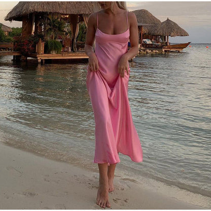 Women’s Satin Midi Slip Dress shown front-on on model — Fifi London Summer collection