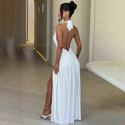 Socialite Style Hot Girl V-Neck Halter Sexy Slit Pleated Dress shown front-on on model — Fifi London Summer collection