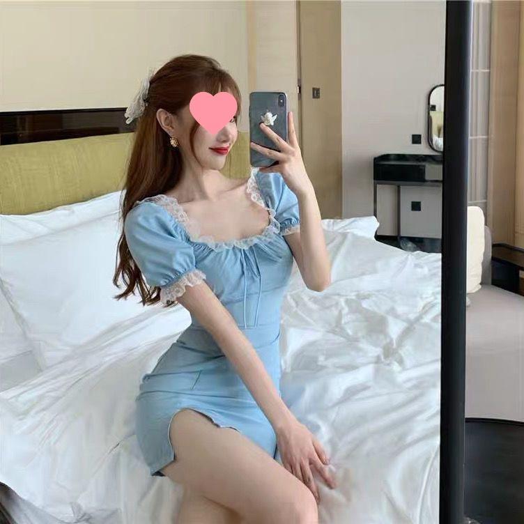 French Minority Blue Dress Women shown front-on on model — Fifi London Summer collection