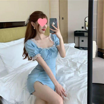 French Minority Blue Dress Women shown front-on on model — Fifi London Summer collection