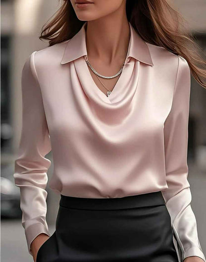 Women’s Swing Collar Draped Shirts Blouses Elegant Solid shown front-on on model — Fifi London Spring collection