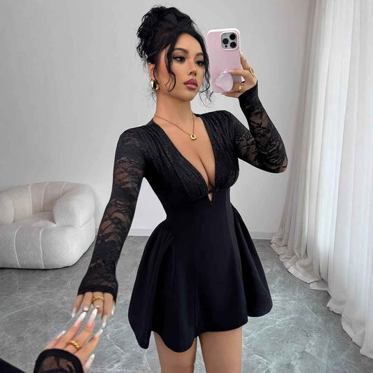 Women's lace patchwork V-neck dress styled for elegant occasion wear, full-length view