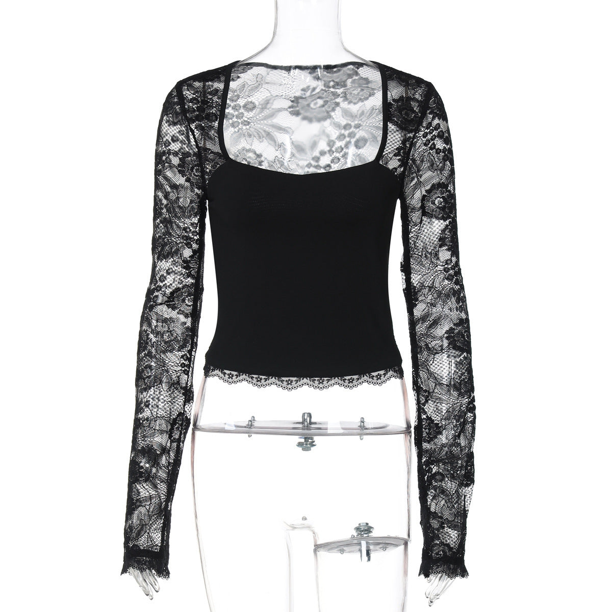 Sexy Lace Cutout Stitching Long Sleeve shown front-on on model — Fifi London Autumn collection