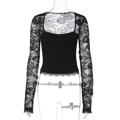 Sexy Lace Cutout Stitching Long Sleeve shown front-on on model — Fifi London Autumn collection