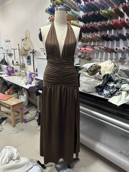Socialite Style Hot Girl V-Neck Halter Sexy Slit Pleated Dress shown front-on on model — Fifi London Summer collection