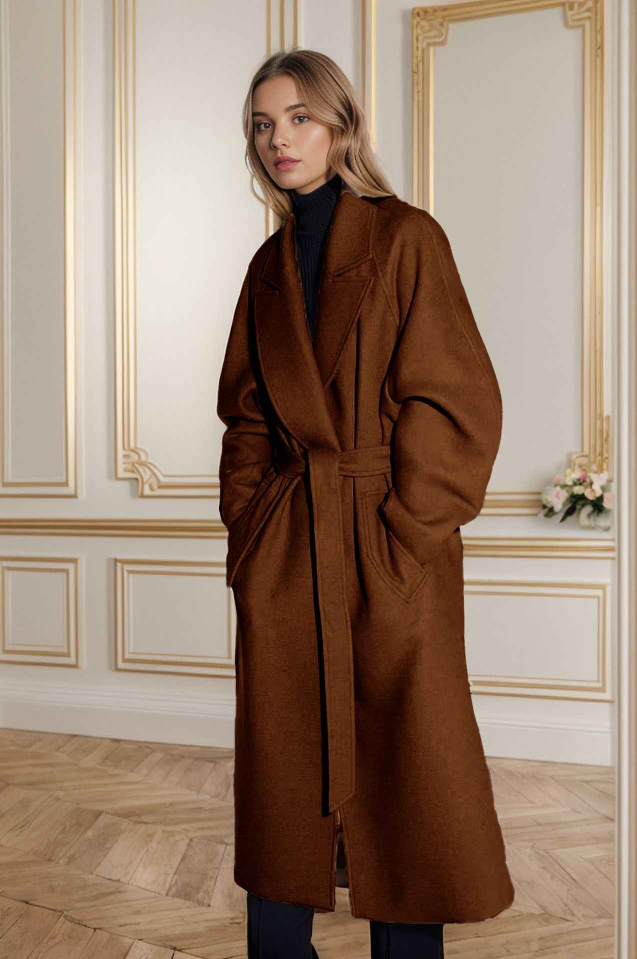 Padded Lapel Super Long Slim Jacket shown front-on on model — Fifi London Autumn collection